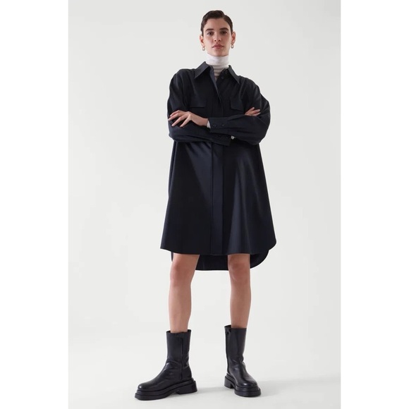 COS Utility Wool Blend Mini Shirt Dress‎ in Dark Navy - Picture 2 of 12
